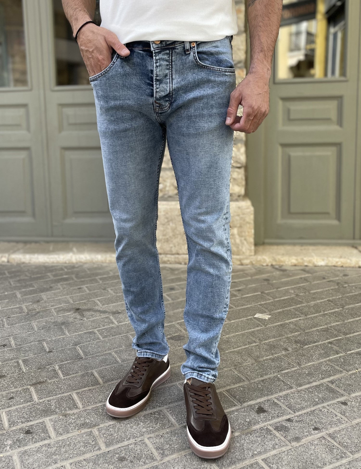 3LINE Ανδρικό μπλε χλώριο πεντάτσεπο τζιν παντελόνι ίσιο με κουμπιά 3LN1104